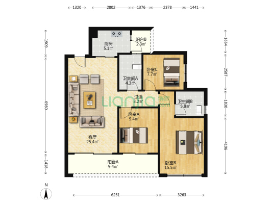 中海天府里云岭一期 3室1厅2卫 106平方
