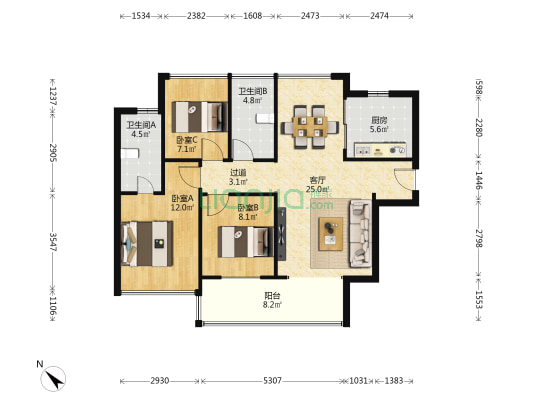 恒德玺悦 3室1厅2卫 97平方