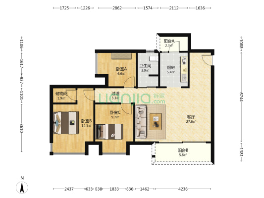 中建壹品南滨星光城 3室1厅1卫 99平方