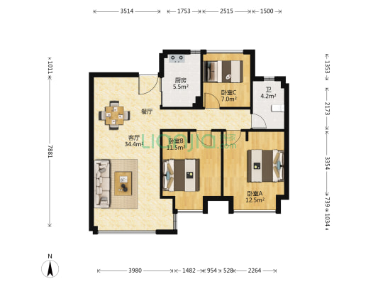金地悦江来 3室1厅1卫 86平方