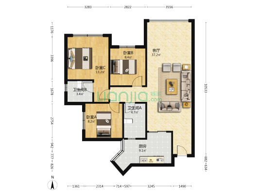 翡翠城2期 3室1厅2卫 92平方