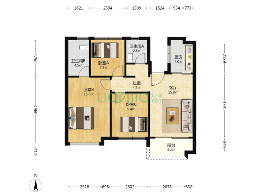 万科桃源里 3室1厅2卫 88平方