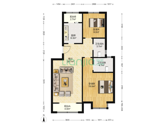 锦溪花园二期 2室1厅2卫 97平方