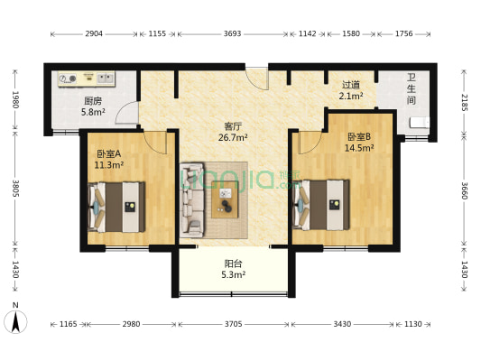 东湖怡景苑-景园 2室1厅1卫 89平方