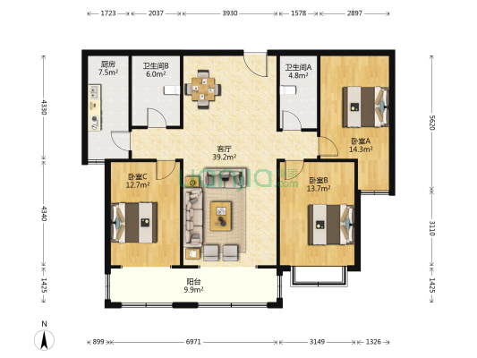 合和家园 3室1厅2卫 140平方