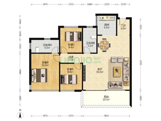向阳公寓下区 3室1厅2卫 100平方