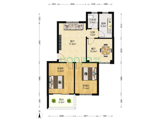 金尚小区 2室2厅1卫 80平方