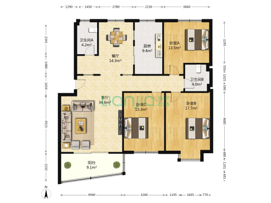 绿茵苑 3室2厅2卫 133平方