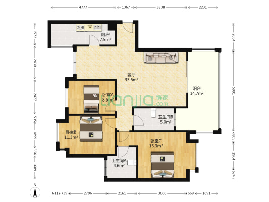 楠香山 3室1厅2卫 107平方
