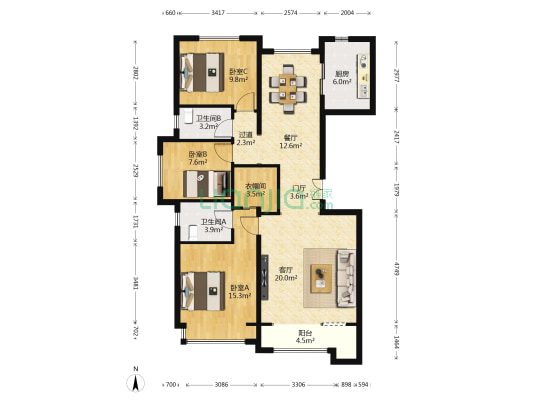 世华龙樾一期东区 3室2厅2卫 127平方
