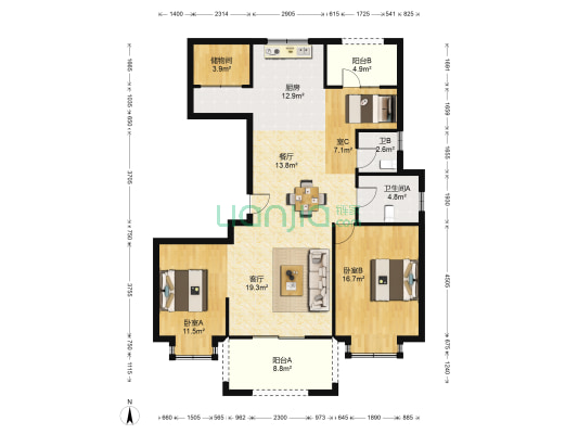 久境园 3室2厅2卫 127平方