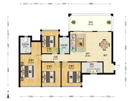 盛天西城 4室1厅2卫 110平方