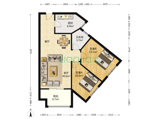 新锐领地 2室1厅1卫 94平方