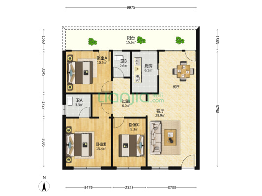 江滨花苑 3室1厅2卫 99平方