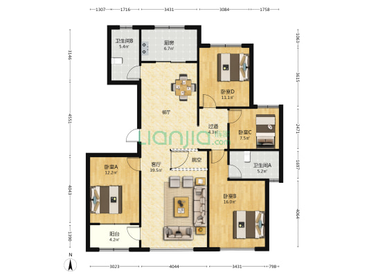 枫香湖畔凤庭园 4室1厅2卫 157平方