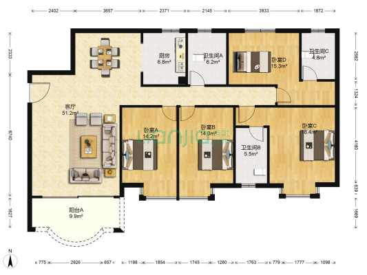 永安居 4室1厅3卫 170平方