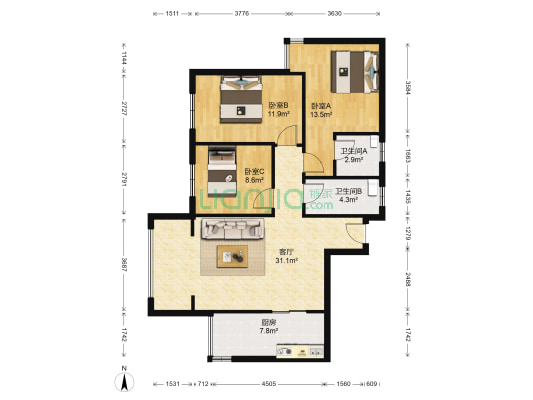 时代睿城 3室1厅2卫 118平方