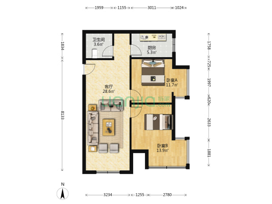 此房东南向两居室，采光好.装修好，配套齐全.-户型图