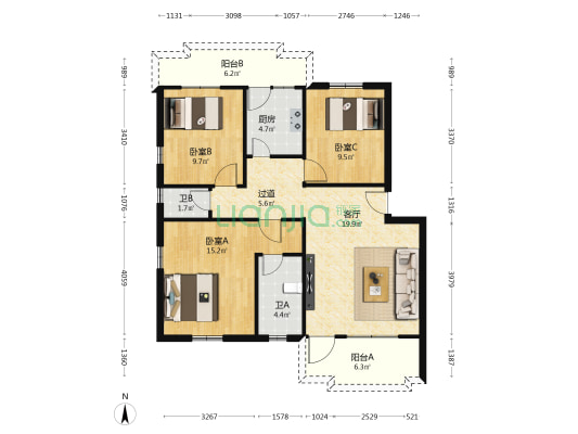 口岸一街二号 3室1厅2卫 95平方