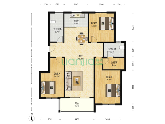 兴城国际花园 3室1厅2卫 140平方