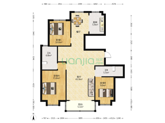 北辰美嘉 3室1厅2卫 132平方