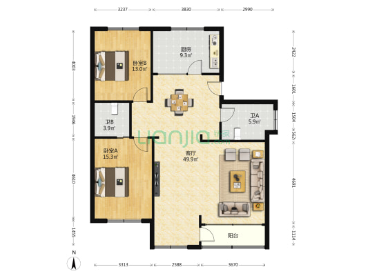长江花苑 2室1厅2卫 121平方
