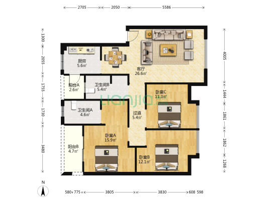 江安中一街5号 3室1厅2卫 103平方