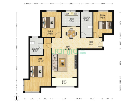嘉禾名都 3室1厅2卫 125平方