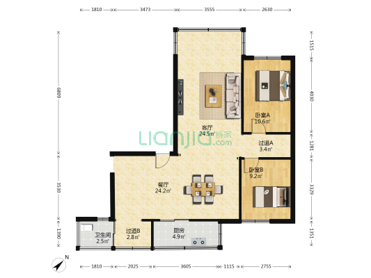 鸿发山庄 2室2厅1卫 76平方