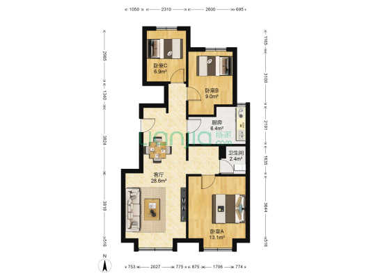 万科四季文园 3室1厅1卫 89平方