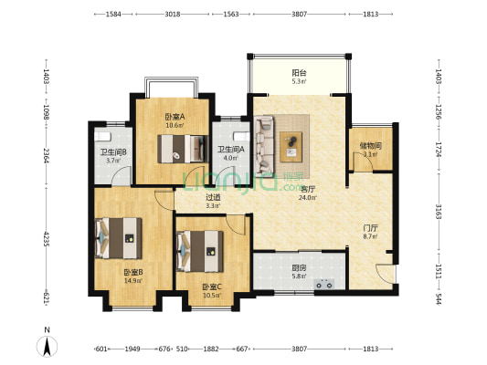 金地华府 3室1厅2卫 113平方