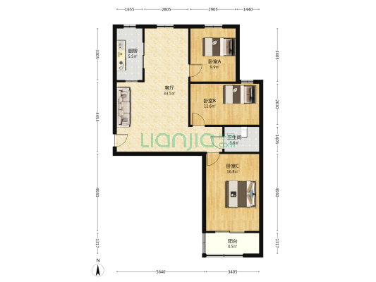：房本在手， 南北通透户型，新装修没住过-户型图