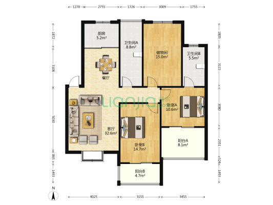 金鼎名城 2室1厅2卫 120平方