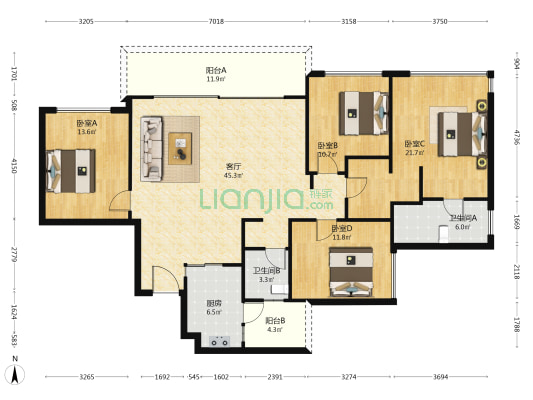 麓湖生态城玥港 4室1厅2卫 171平方