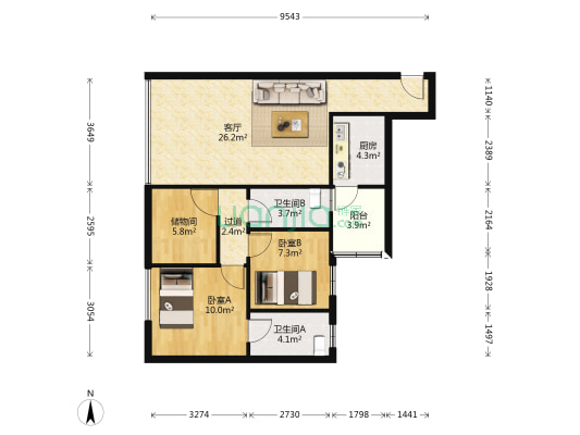 骏丰楼 2室1厅2卫 84平方