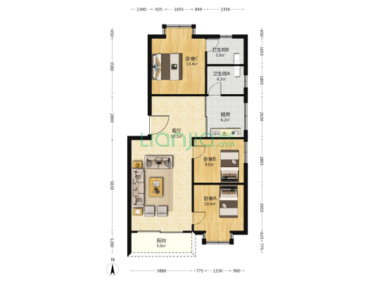 诚信街南6号 3室1厅2卫 97平方