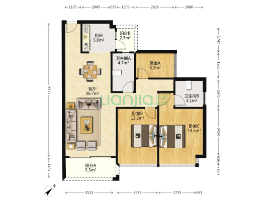 壹城中心1区 3室1厅2卫 105平方