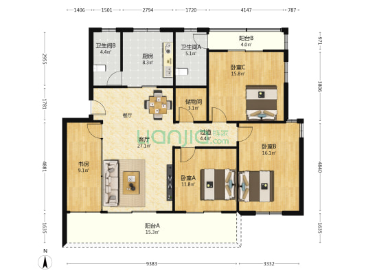司法局宿舍(番禺区) 4室1厅2卫 139平方