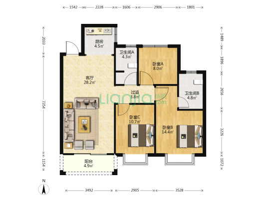 星海名城珑庭 3室1厅2卫 115平方