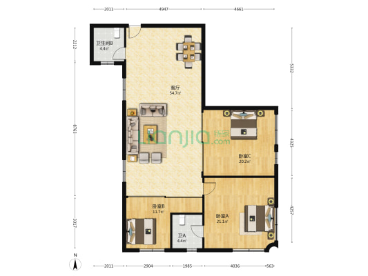 天山大厦 3室1厅2卫 144平方