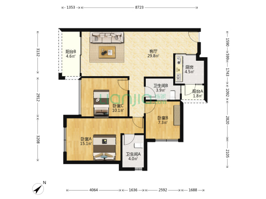 龙光玖里江湾 3室1厅2卫 98平方