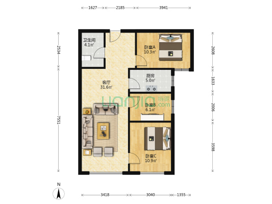 此房全南向，位置好，采光充足，看房方便,南向三居.-户型图
