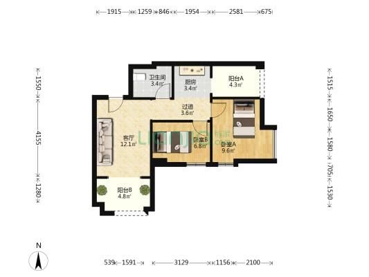 东泷国际 2室1厅1卫 67平方