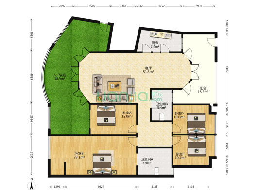 蓝波湾新天卫城蓝景街区 4室1厅2卫 230平方