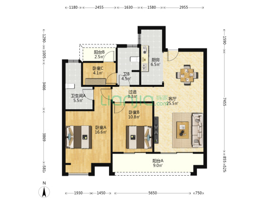 澳海云天赋 3室1厅2卫 115平方
