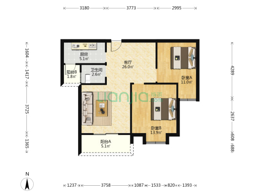 鸿泰盛景国际 2室1厅1卫 86平方