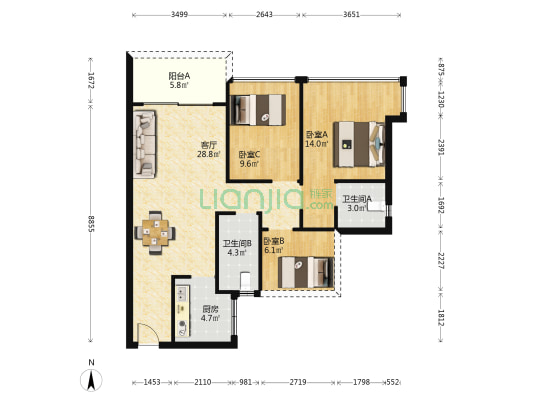 湖畔森邻 3室1厅2卫 88平方