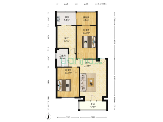高炮旅宿舍 2室2厅1卫 96平方