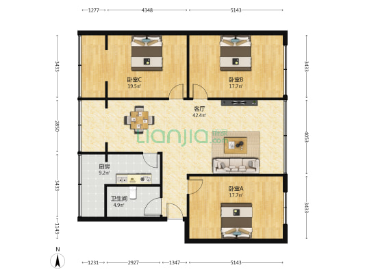 顺风苑 3室1厅1卫 124平方