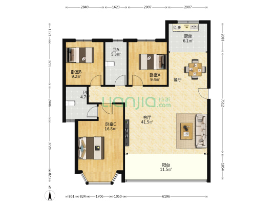 永旺城D区 3室1厅2卫 132平方